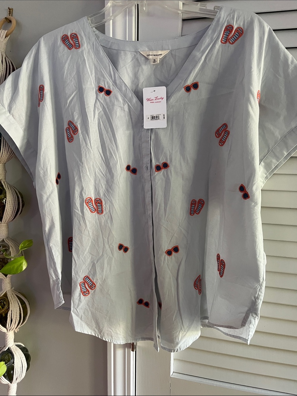 Lucky Brand Light Blue V-Neck Top with Sunglasses Embroidery